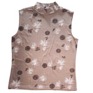 ACW Design Brown Tan Geometric Floral Sleeveless Funnel Neck Shirt Tank Top